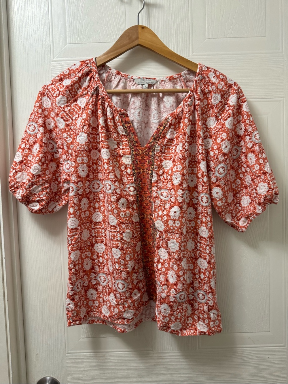 Women's Red Floral Tunic Top with Decorative Trim - Picture 3 of 3